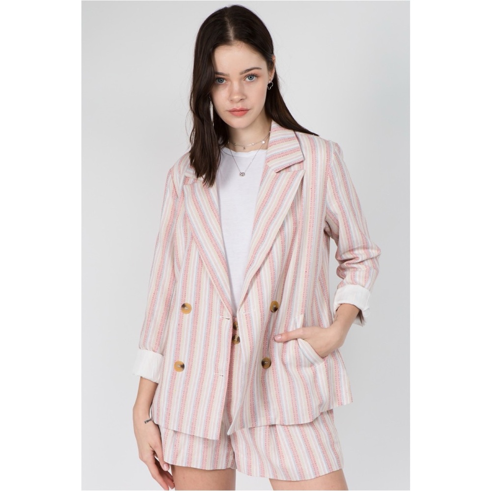 196 • Cotton Linen Woven Striped Double Breasted Warm Weather Blazer